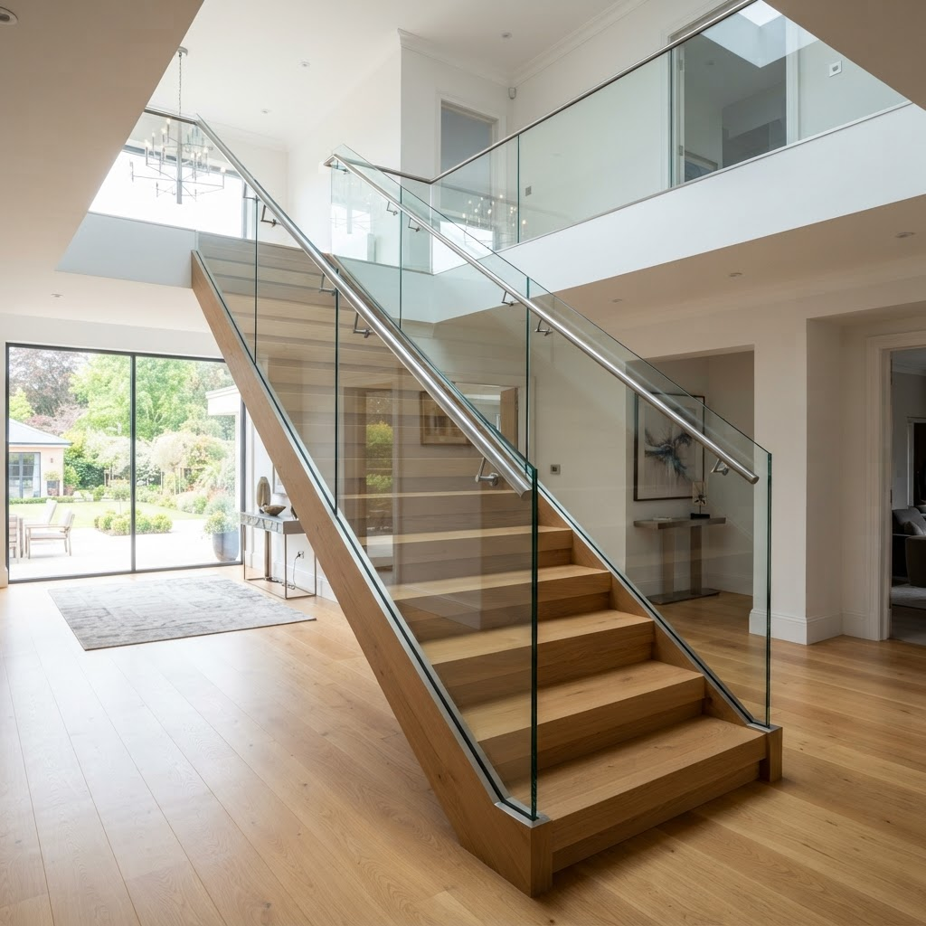 Modern glass staircase railing in a luxury home