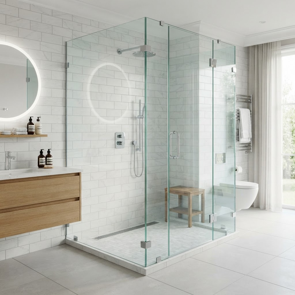 Frameless glass shower cubicle in a premium bathroom
